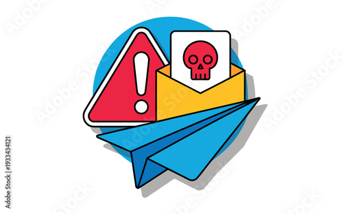 A warning sign of a malicious email with a skull and exclamation mark