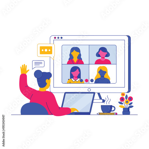Professional woman raising hand during online video conference call for remote team collaboration