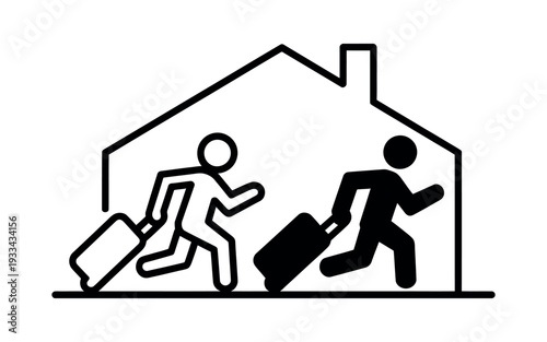 Two people running with luggage into a house, symbolizing a move or new home