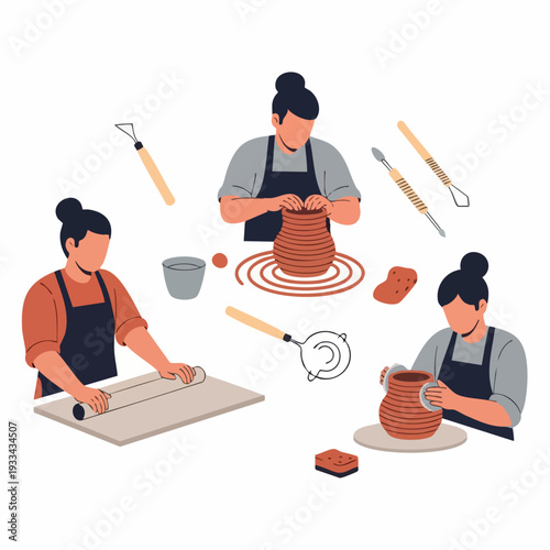 People engaged in pottery making, crafting ceramic art with various tools.