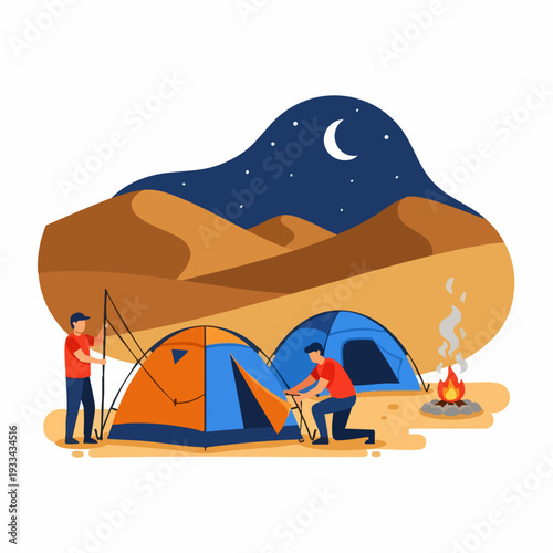 Two men setting up camping tents in the desert at night.