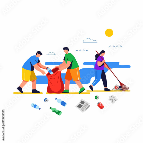 Group of volunteers cleaning up beach pollution.