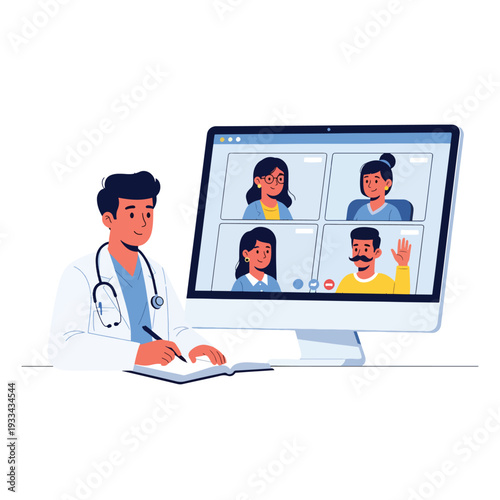 Doctor Conducting Telemedicine Consultation with Diverse Patients via Online Video Call on Computer