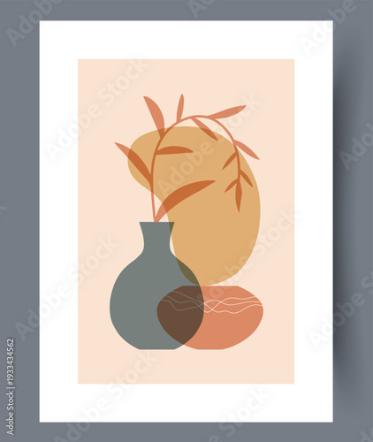 Terracotta And Ceramic Plant Holder Artwork. Earthtoned Still Life Featuring Leaves And Pottery Elements