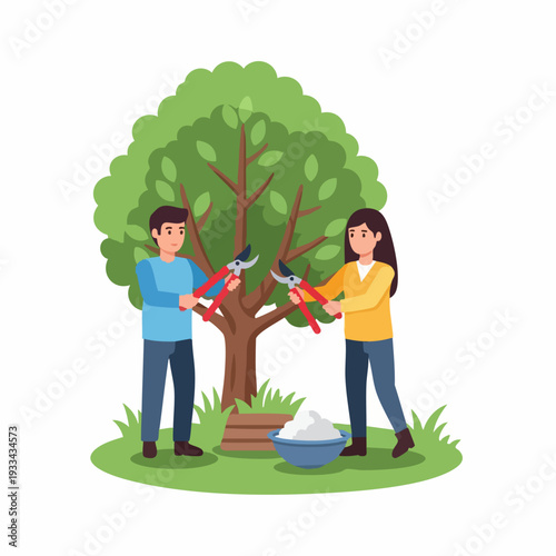 two people pruning a tree in a garden.