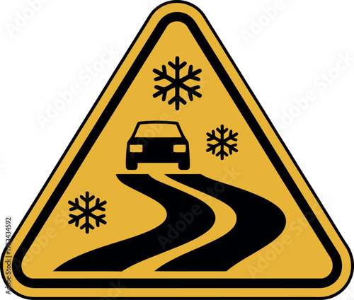 A yellow road sign warning of slippery road conditions with snowflakes and a car on a winding road.