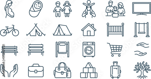A versatile set of outline icons illustrating diverse aspects of family, home, and lifestyle.