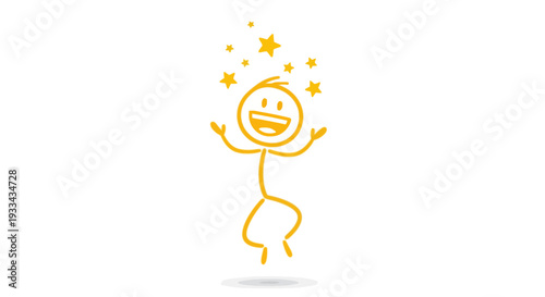 A full-body shot of a happy and joyful sticky man with a wide grin, jumping in the air against a plain white background. The stick man is made of simple lines and curves, colored in a vibrant yellow.