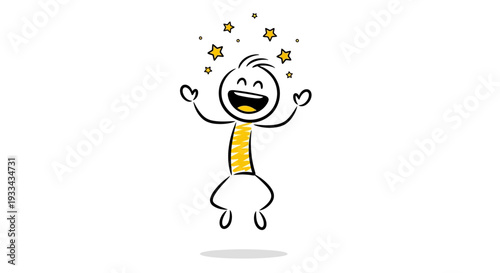 A full-body shot of a happy and joyful sticky man with a wide grin, jumping in the air against a plain white background. The stick man is made of simple lines and curves, colored in a vibrant yellow.