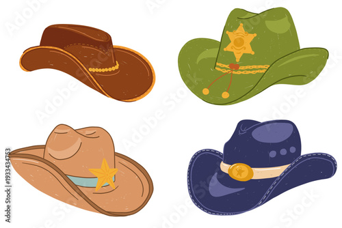 Cowboy hat set in western style, colorful childlike hand drawn illustration