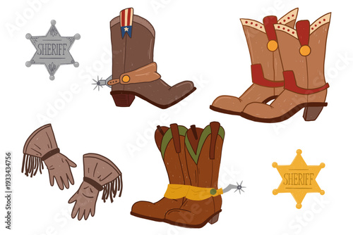 Cowboy boots set with sheriff badges and gloves, childlike hand drawn style