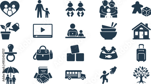 Collection of essential dark blue family life icons representing various domestic and caregiving necessities.