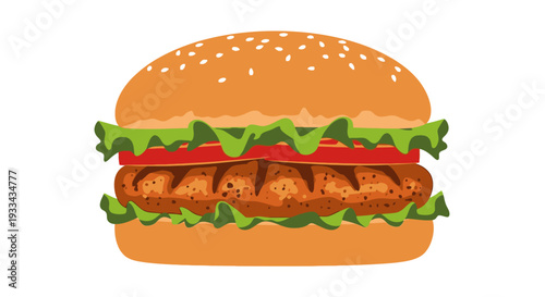 Delicious chicken burger isolated PNG on transparent background, grilled chicken sandwich with tomato and lettuce for fast food menu. vector flat