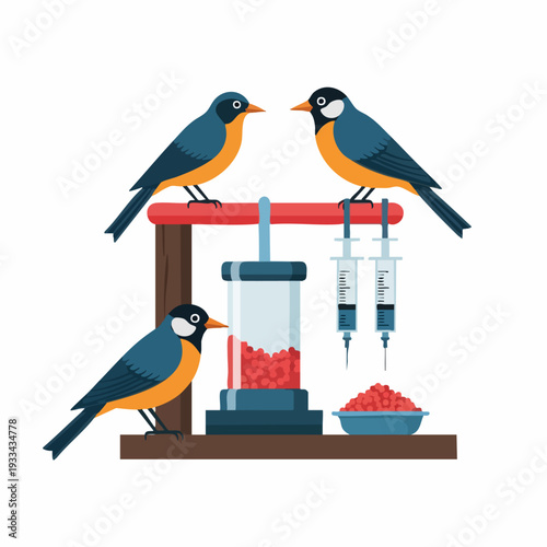 Three birds perched on a bird feeder with syringes.