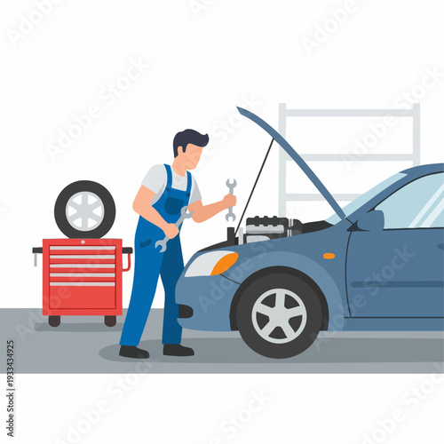 Mechanic working on car engine with tools and equipment.
