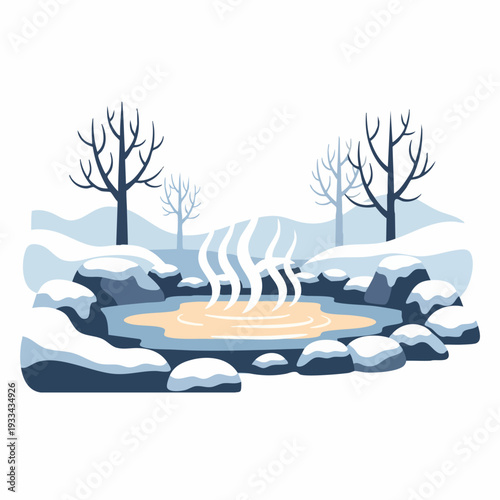 Hot spring in snowy landscape with rocks.