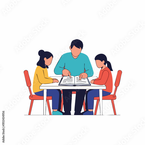 Teacher and students studying together at a table with a book.