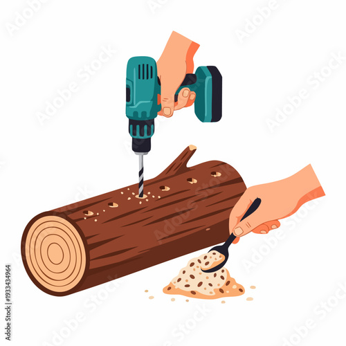 Hands making a DIY bird feeder from a wooden log using a drill.