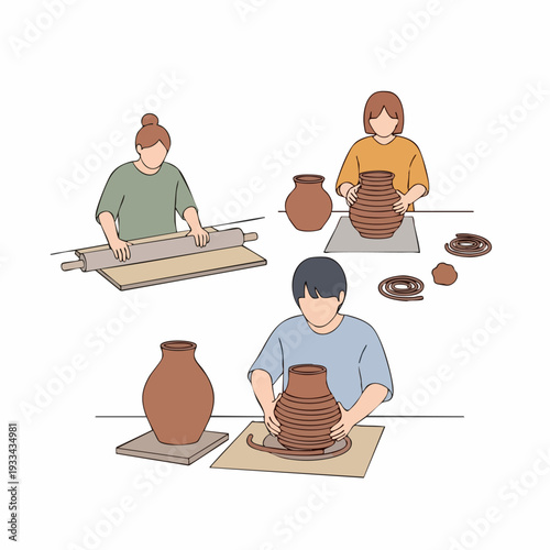 People engaged in pottery making and crafting ceramic art.