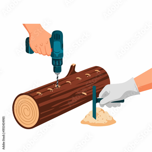 Hands drilling holes in a log with a drill and chisel.