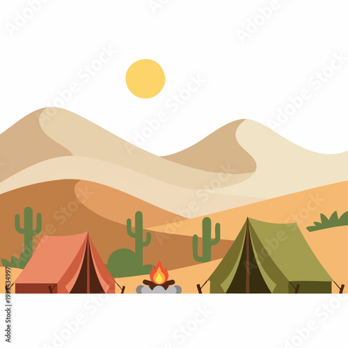 Campsite Scene with Two Tents and a Crackling Campfire.