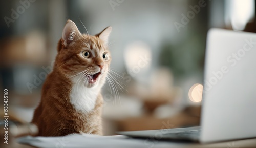 A cute ginger cat sits at a desk in a home office, looking shocked at a laptop screen