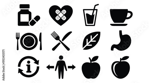 A clean and modern vector illustration showcasing various healthy lifestyle icons, including food, diet, and wellness symbols, in a flat design style.