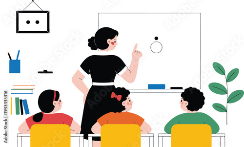 Teacher instructing diverse group of young students in classroom at their desks during lesson