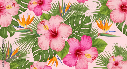 Pink Hibiscus pattern. Tropical botanical Seamless pattern. motif exotic hibiscus design. Hawaii shirt, summer design. beautiful pink floral sweet, floral patterns. hibiscus flower. Pink fashion