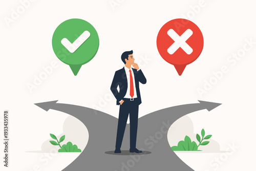 Businessman standing at a crossroad fork making a difficult choice between yes and no, right and wrong, or success and failure. Vector illustration of decision making, strategy, and career path.