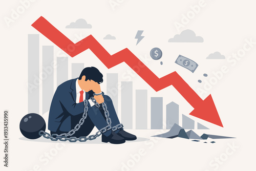 Sad Businessman Chained to Ball and Chain Sitting in Despair with Falling Downward Red Arrow Graph Representing Economic Recession, Financial Crisis, Debt, Bankruptcy, and Stock Market Crash.