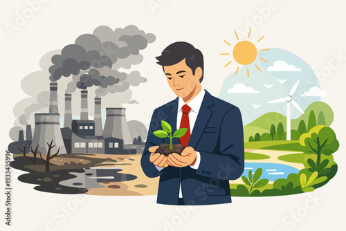 Businessman Holding a Small Plant Between a Polluting Industrial Factory and a Clean Green Landscape with Wind Turbines, Representing Corporate Social Responsibility and Sustainable Future.