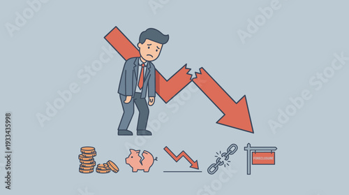 Sad Businessman with Broken Downward Arrow Representing Financial Crisis, Bankruptcy, and Economic Downturn; Icons for Foreclosure, Broken Piggy Bank, and Money Loss Vector Illustration