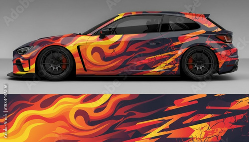 A modern sports car with a vibrant flame-inspired abstract graphic wrap design.