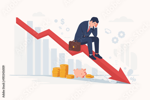 Depressed businessman sitting on a red downward arrow representing economic recession, financial crisis, stock market crash, investment failure, and bankruptcy with coins and broken piggy bank.