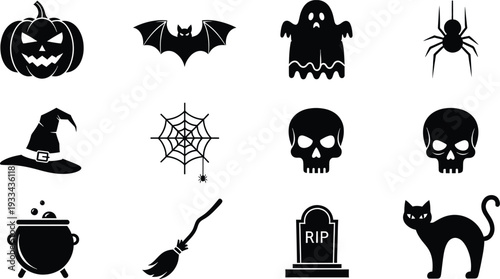 Collection of twelve spooky black halloween silhouette icons for holiday design projects