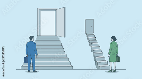 Gender discrimination and workplace sexism concept with businessman facing wide open door on stable stairs while businesswoman faces narrow closed door on crumbling stairs for unfair career.
