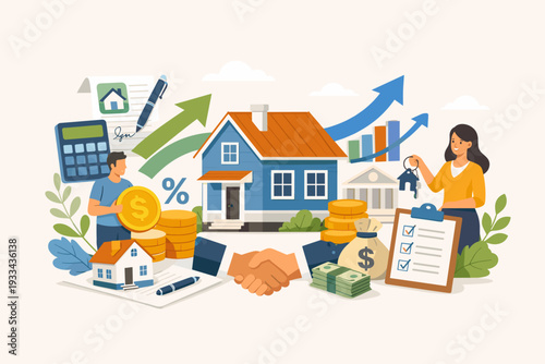 Real Estate Investment and Mortgage Refinancing Concept with House Property Purchase, Loan Agreement Handshake, Financial Growth Charts, Money Savings, and Professional Real Estate Agent Services