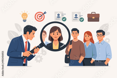 Human resources and recruitment concept with a businessman looking through a magnifying glass to find the best candidate among a group of diverse people for a job opening or career opportunity.