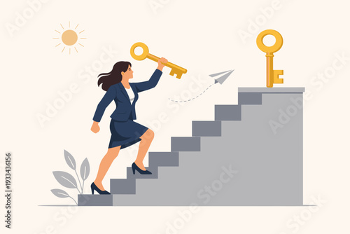 Ambitious Businesswoman in Suit Climbing Stairs Holding Golden Key to Success, Concept of Career Growth, Professional Achievement, Business Development, and Reaching Goals in Corporate World.