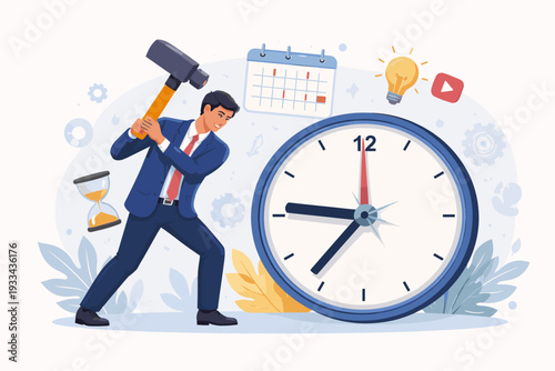 Businessman Holding a Large Hammer Trying to Stop Time on a Giant Clock, Concept of Time Management, Deadline Pressure, Productivity, Creative Problem Solving, and Work Life Balance Illustration.