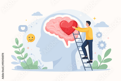 Mental Health and Emotional Intelligence Concept with Man Character Placing Heart into Brain for Psychological Balance, Wellness, Self-Care, Therapy, and Mind Development Vector Illustration.
