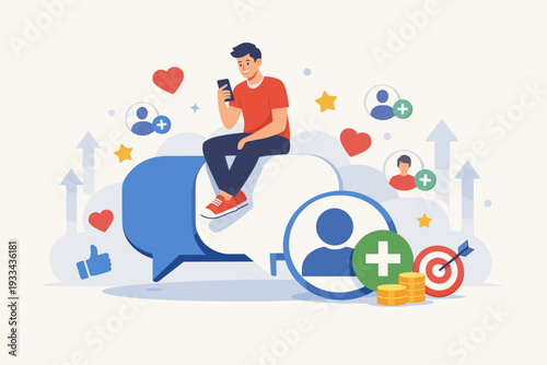 Social media marketing and digital engagement concept with a man sitting on speech bubbles using a smartphone to increase followers, likes, and reach for business growth and online networking.