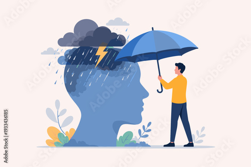 Mental Health Protection Concept with Man Holding Umbrella Over a Human Head with Storm Clouds and Lightning Inside. Support for Depression, Anxiety, Stress, and Psychological Well-being.