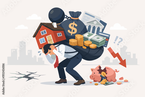Stressed businessman carrying heavy burden of debt with house, money bag, and bank on his back, broken piggy bank and falling arrow, financial crisis, mortgage loan and bankruptcy concept.