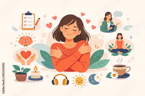 Mental health and self-care concept illustration featuring a happy woman hugging herself, surrounded by icons for meditation, therapy, relaxation, healthy habits, and psychological well-being.