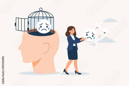 Businesswoman Releasing Negative Thoughts and Anxiety from a Birdcage Inside a Human Head Profile, Concept of Mental Health, Letting Go of Sadness, Emotional Freedom, Stress Relief, and Wellness
