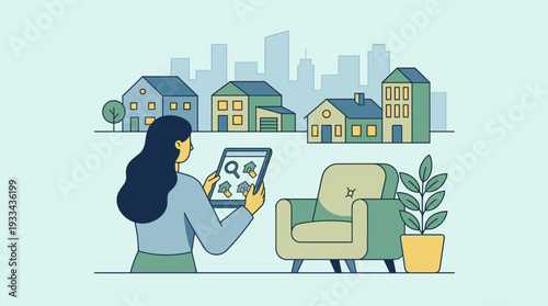 Woman Searching for Real Estate Online Using a Tablet, Concept for Property Investment, Buying or Renting a New Home, House Hunting in the City, Flat Vector Illustration of Real Estate Market
