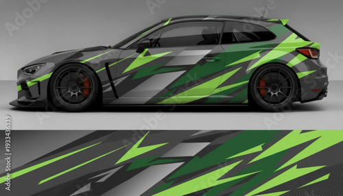 Dynamic green and black geometric car wrap design on a modern grey hatchback.