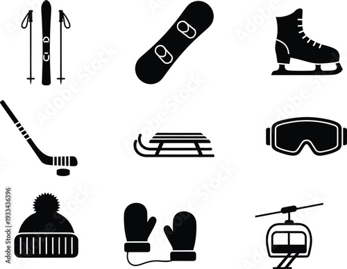 Collection of black and white winter sports equipment icons for cold weather activities